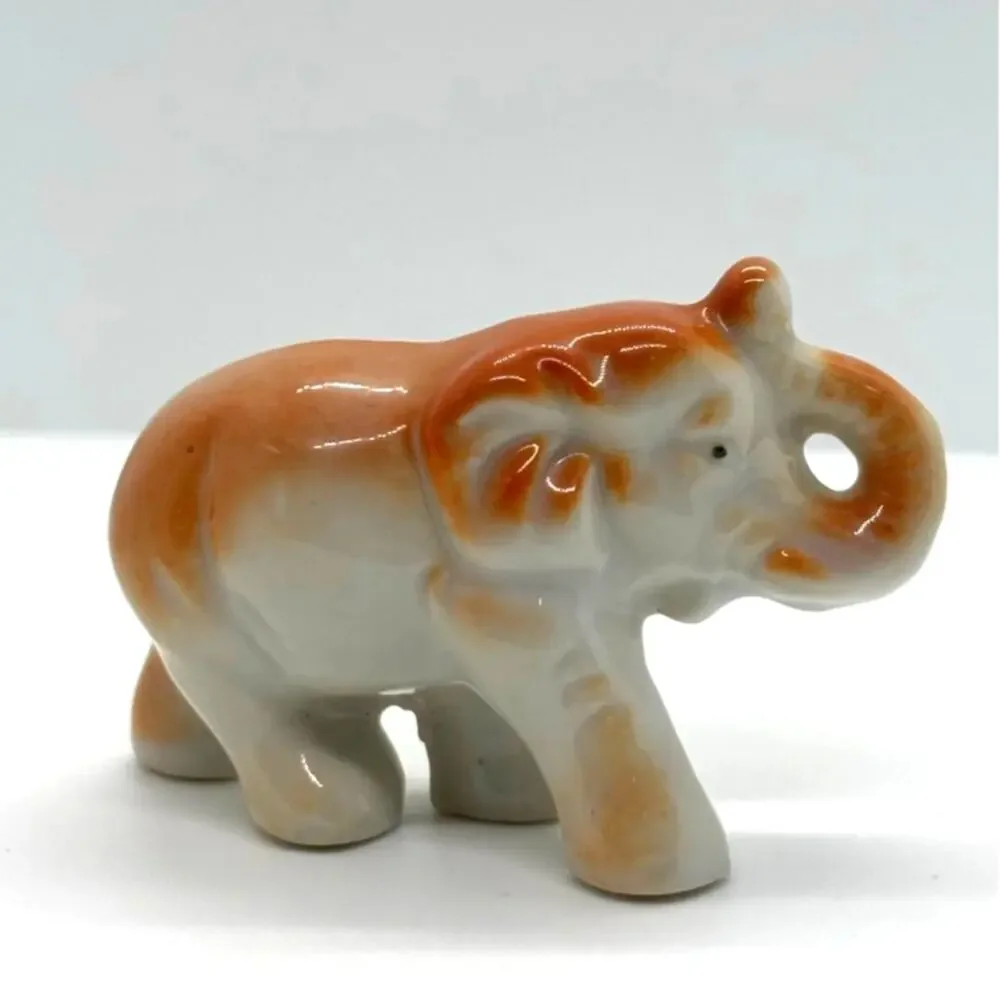 Vintage MCM Small Porcelain Elephant Figurine, Orange and White, Japan